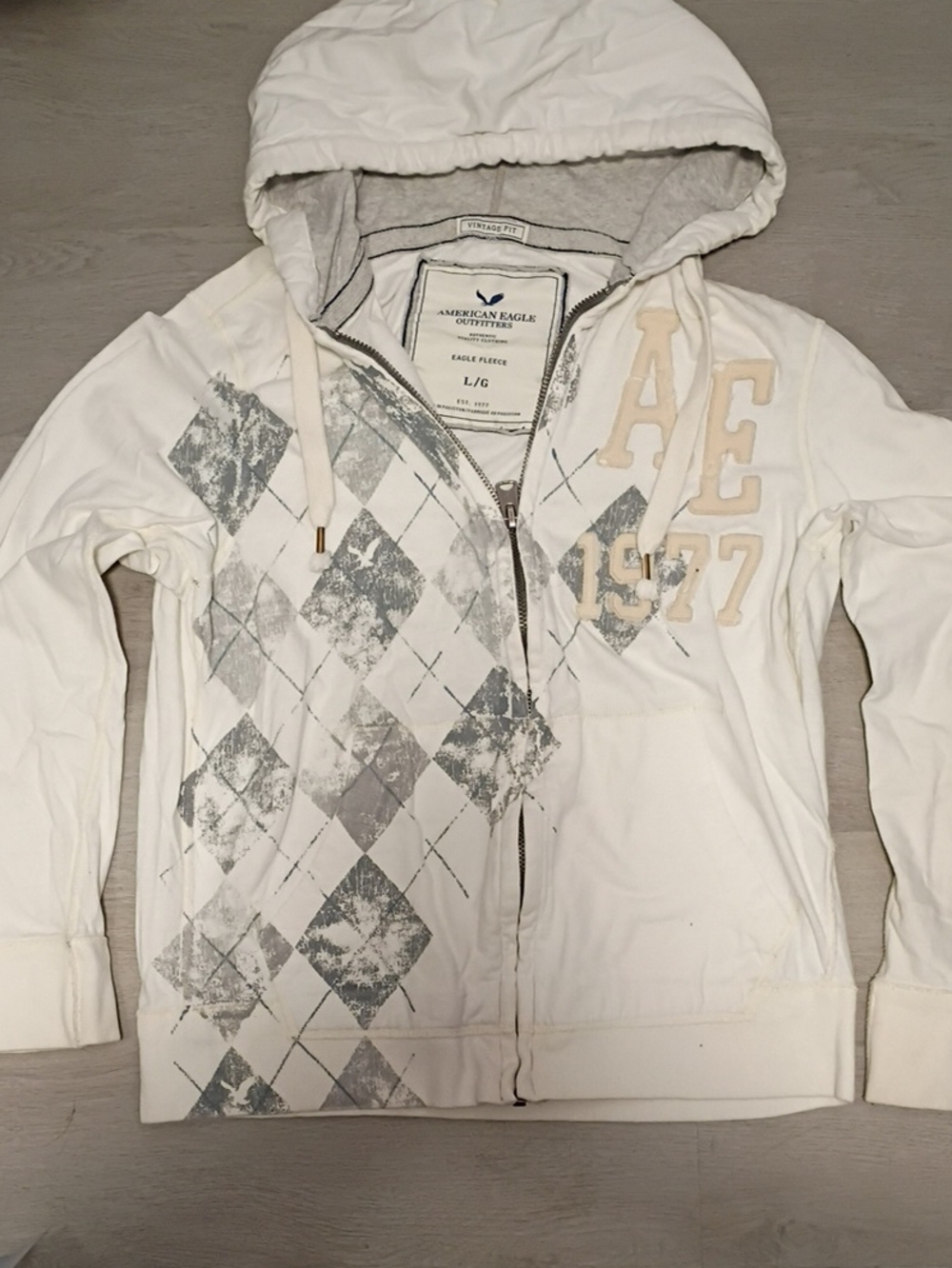 American Eagle Outfitters White Hooded Argyle Zip-Up Jacket with Gray Print